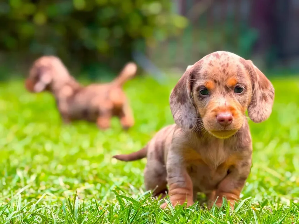 Cachorros teckel de pelo corto dapple jugando en Colombia - Cachorros Teckel