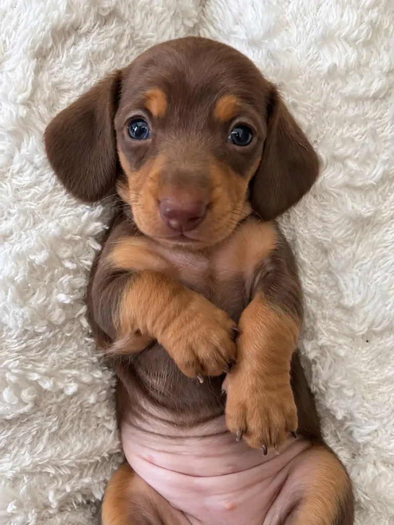 Teckel de pelo corto chocolate y fuego panza arriba en Colombia - Cachorros Teckel