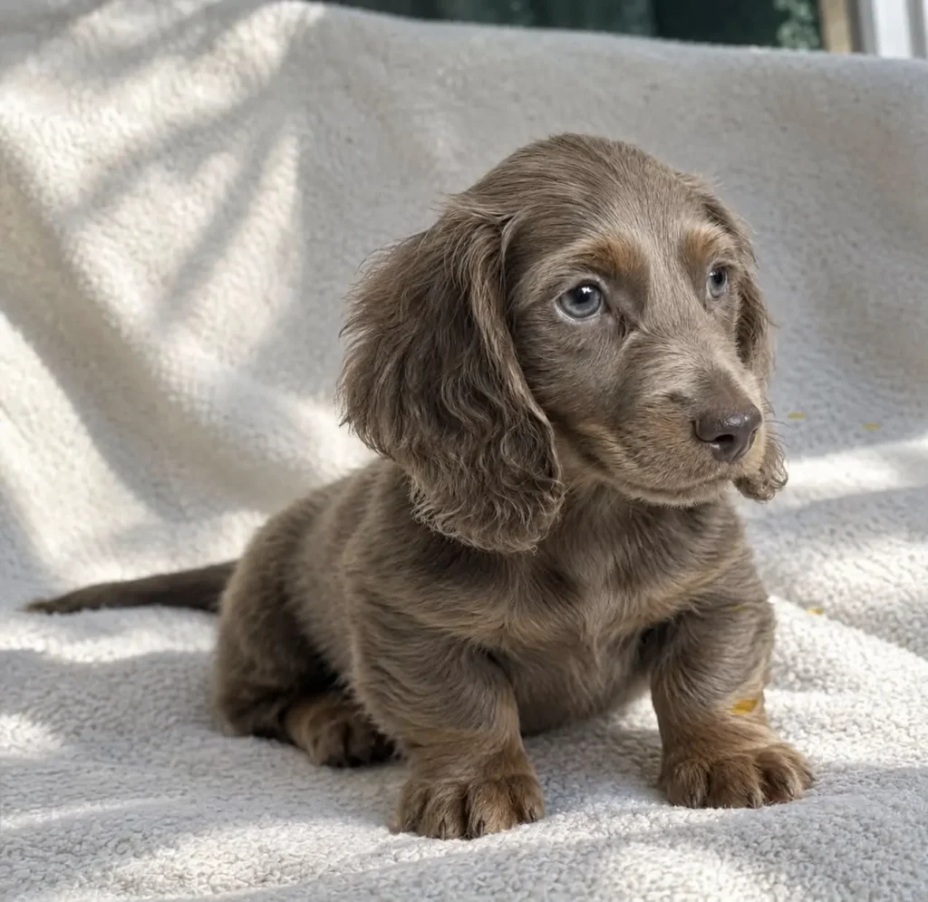 Teckel de pelo largo isabella sentado en Colombia - Cachorros Teckel